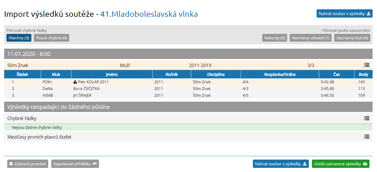 Stránka na import výsledků Stránka na import výsledků